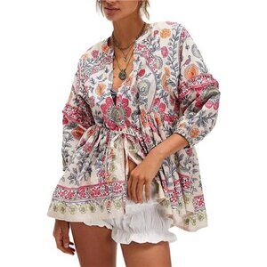 Women Boho Floral Puff Sleeve Peplum Tunic Top Y2K Vintage Button Down Shirt